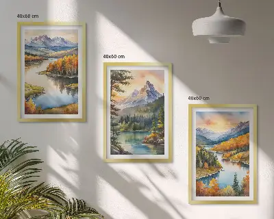Planinski krajolici s rijekom triptih u okviru