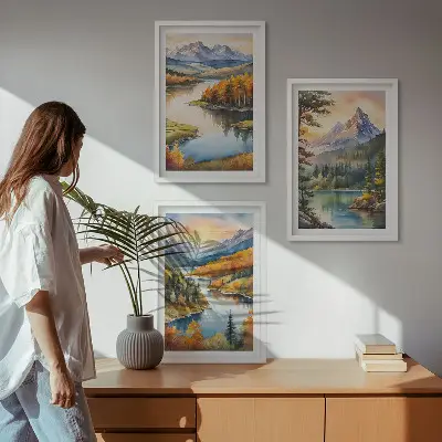 Planinski krajolici s rijekom triptih u okviru