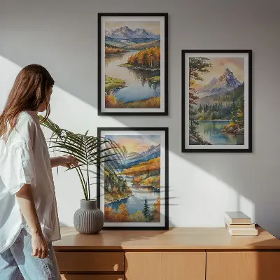Planinski krajolici s rijekom triptih u okviru