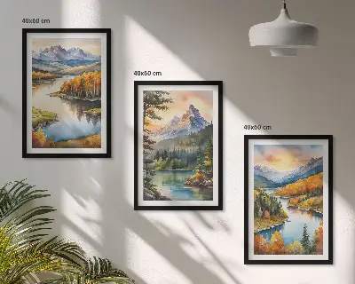 Planinski krajolici s rijekom triptih u okviru