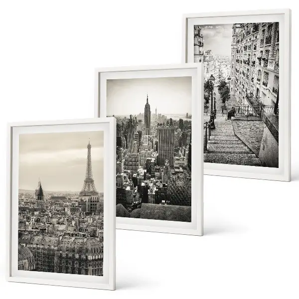 Set od 3 slike u okviru pogled na Pariz, New York i stepenice