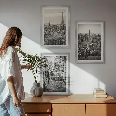 Set od 3 slike u okviru pogled na Pariz, New York i stepenice