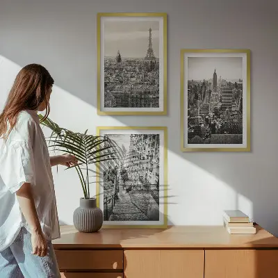 Set od 3 slike u okviru pogled na Pariz, New York i stepenice