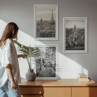 Set od 3 slike u okviru pogled na Pariz, New York i stepenice