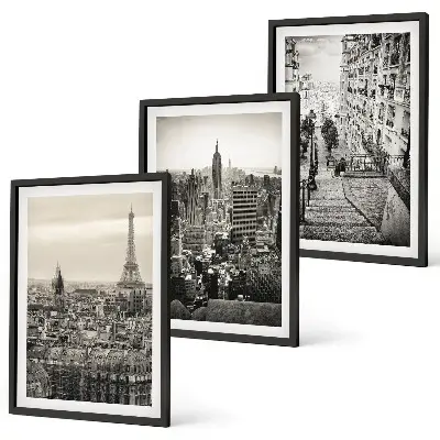 Set od 3 slike u okviru pogled na Pariz, New York i stepenice