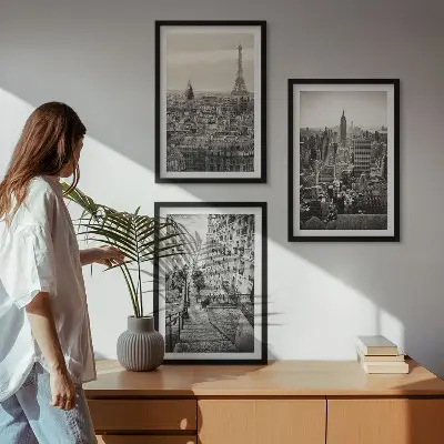 Set od 3 slike u okviru pogled na Pariz, New York i stepenice