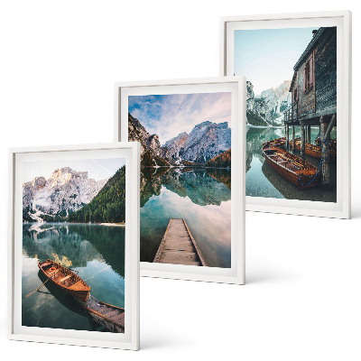 Set 3 slike u okviru Jezero, planine, brodovi, vikendica