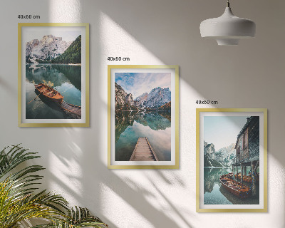 Set 3 slike u okviru Jezero, planine, brodovi, vikendica