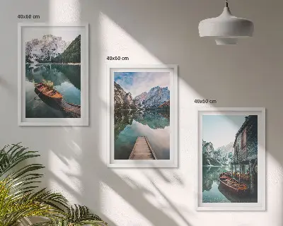 Set od 3 slike u okviru s motivom jezera, planina, brodova i vikendice