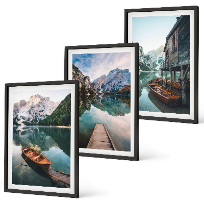 Set 3 slike u okviru Jezero, planine, brodovi, vikendica