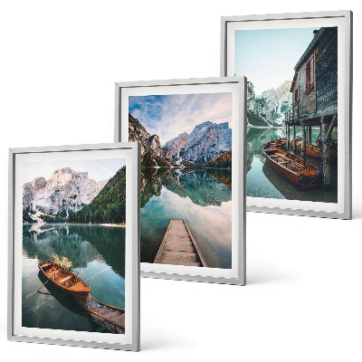 Set 3 slike u okviru Jezero, planine, brodovi, vikendica
