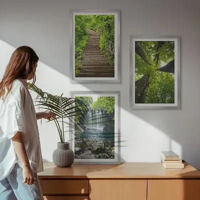Set od 3 slike šumska staza s vodopadom i vegetacijom