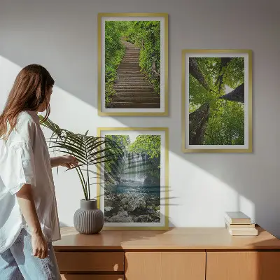 Set od 3 slike šumska staza s vodopadom i vegetacijom