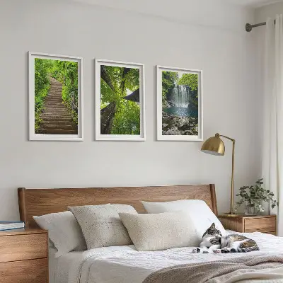 Set od 3 slike šumska staza s vodopadom i vegetacijom