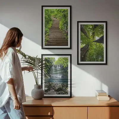 Set od 3 slike šumska staza s vodopadom i vegetacijom