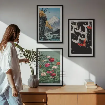 Triptih Planine slap ptice cvijeće u okviru