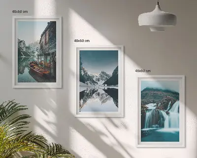 Set 3 slike u okviru planinski krajolici sa slapom i jezerom