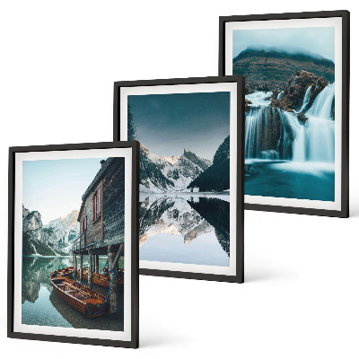 Set 3 slike u okviru Planinski krajolici slap jezero