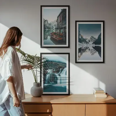 Set 3 slike u okviru planinski krajolici sa slapom i jezerom