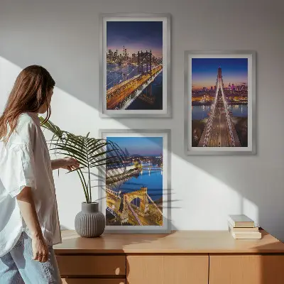 Zidna galerija gradovi s pogledom na mostove i rijeke noću