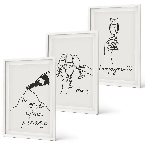 Set 3 slike u okviru s motivom linijske grafike šampanjskog vina