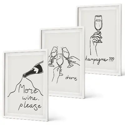 Set 3 slike u okviru s motivom linijske grafike šampanjskog vina