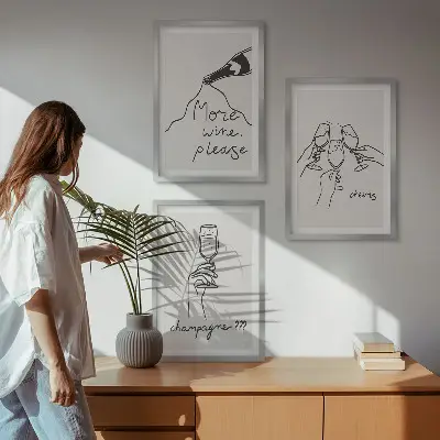Set 3 slike u okviru s motivom linijske grafike šampanjskog vina