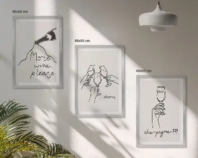 Set 3 slike u okviru s motivom linijske grafike šampanjskog vina