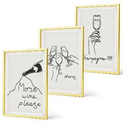 Set 3 slike u okviru s motivom linijske grafike šampanjskog vina