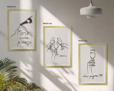 Set 3 slike u okviru s motivom linijske grafike šampanjskog vina