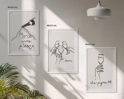 Set 3 slike u okviru s motivom linijske grafike šampanjskog vina