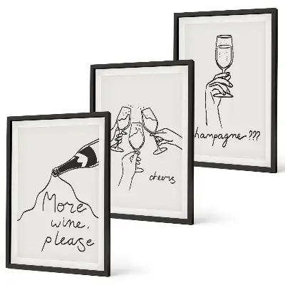 Set 3 slike u okviru s motivom linijske grafike šampanjskog vina