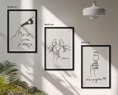 Set 3 slike u okviru s motivom linijske grafike šampanjskog vina
