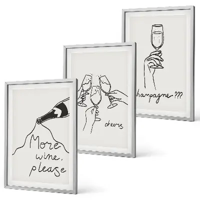 Set 3 slike u okviru s motivom linijske grafike šampanjskog vina