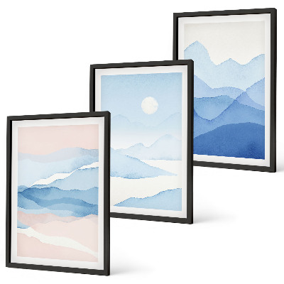 Set 3 slike u okviru Akvarel plavo-ružičastih planina