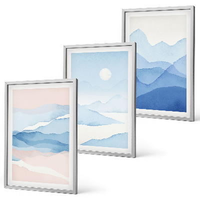Set 3 slike u okviru Akvarel plavo-ružičastih planina