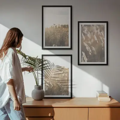 Set od 3 slike u okviru toplina krajolika s motivom trave i cvijeća