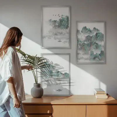 Zidna galerija planine, oblaci, ptice i brod u japandi stilu