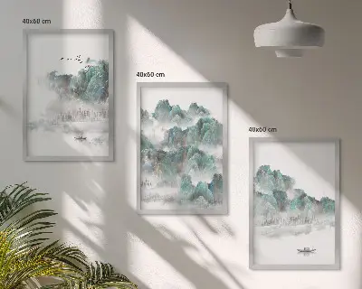 Zidna galerija planine, oblaci, ptice i brod u japandi stilu