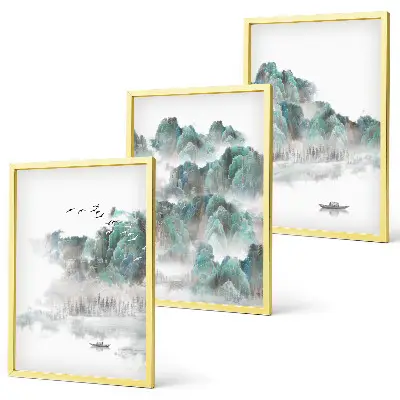 Zidna galerija planine, oblaci, ptice i brod u japandi stilu