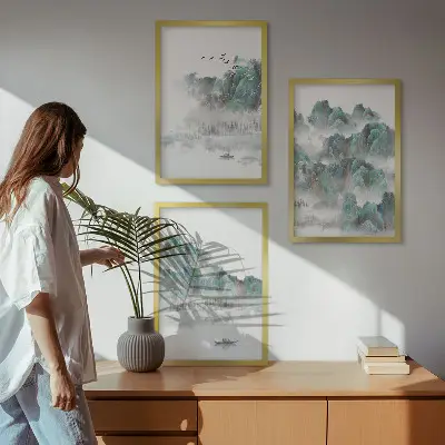 Zidna galerija planine, oblaci, ptice i brod u japandi stilu