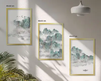 Zidna galerija planine, oblaci, ptice i brod u japandi stilu