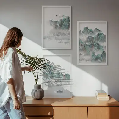 Zidna galerija planine, oblaci, ptice i brod u japandi stilu