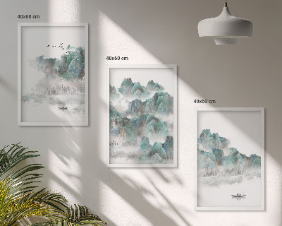 Zidna galerija Planine, oblaci, ptice, brod, japandi