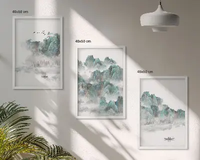 Zidna galerija planine, oblaci, ptice i brod u japandi stilu
