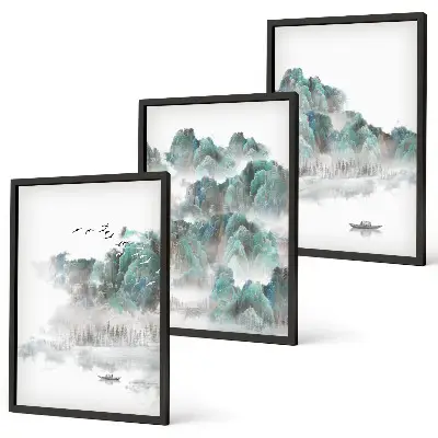 Zidna galerija planine, oblaci, ptice i brod u japandi stilu