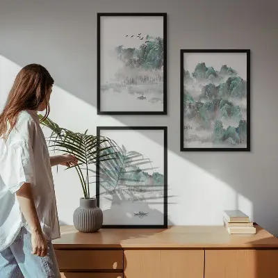 Zidna galerija planine, oblaci, ptice i brod u japandi stilu