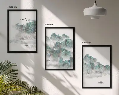Zidna galerija planine, oblaci, ptice i brod u japandi stilu