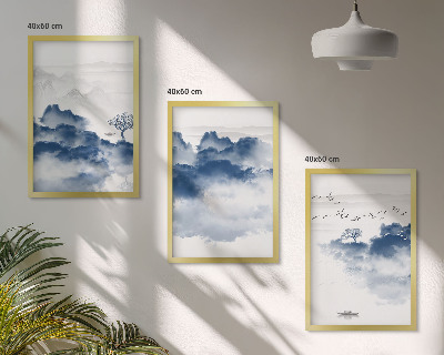 Set 3 slike u okviru Planine, oblaci, drveće, ptice