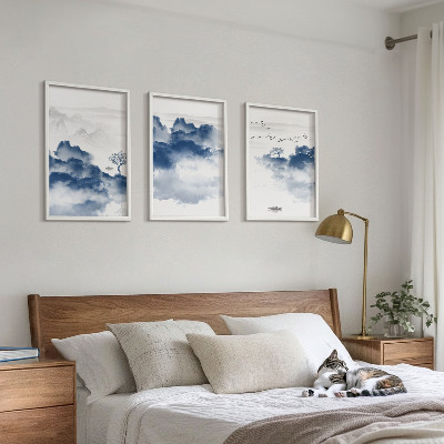 Set 3 slike u okviru Planine, oblaci, drveće, ptice